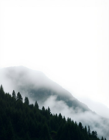 Foggy mountain landscape with coniferous forest on the slopesの写真素材