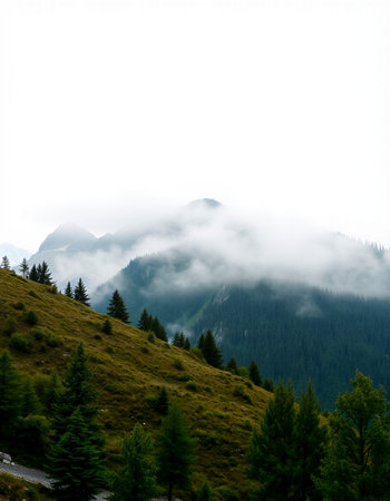 Mountain landscape with fog and coniferous forest in the mountainsの写真素材