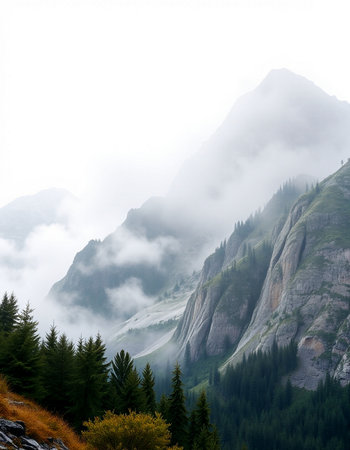 Mountain landscape with fog and clouds in the italian alpsの写真素材