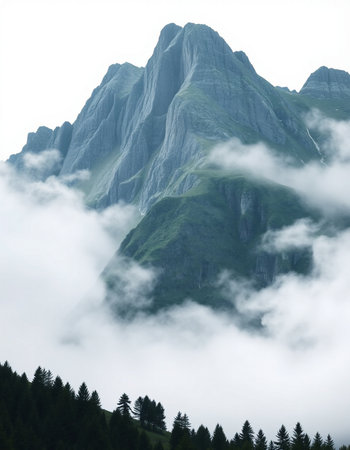 Mountain landscape with clouds and fog.
