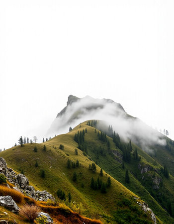 Mountain landscape with fog on a sunny day. Caucasus, Russiaの写真素材