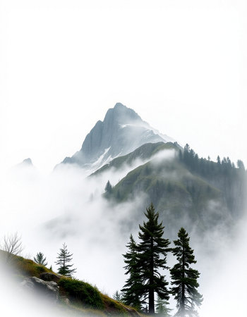 Mountain landscape with fog and coniferous forest on the slopeの写真素材