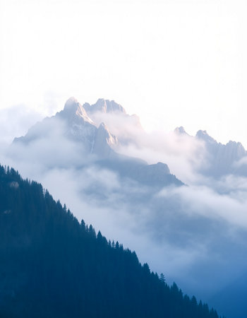 Mountain landscape with clouds and fog. Dolomites, Italy