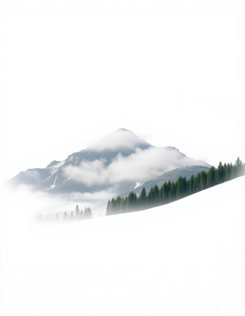 Mountains in the fog on a white background. Winter landscape.
