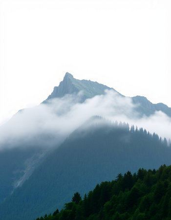 Mountain landscape with fog and clouds.
