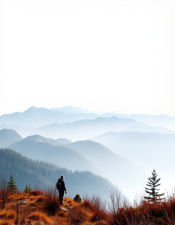 Silhouette of hiker on top of the mountain with foggy background