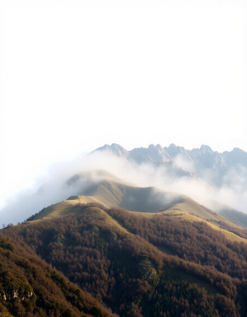 Mountain landscape with fog in the morning, closeup of photo