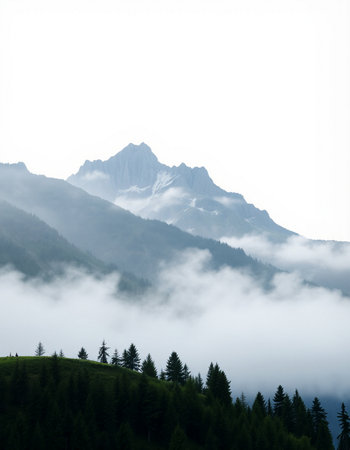 Beautiful mountain landscape with fog and clouds in the alps
