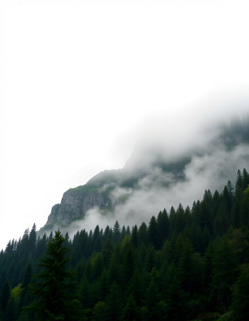 Mountain landscape with fog and coniferous forest in the foreground