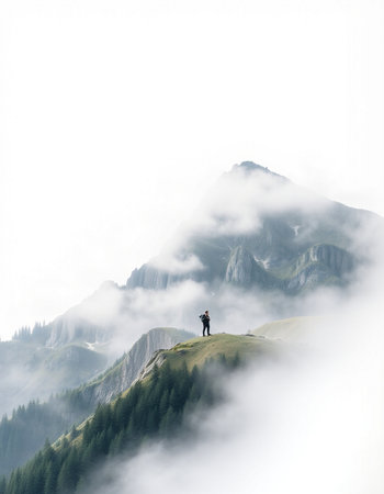 Hiker on top of the mountain with fog in the background.の写真素材
