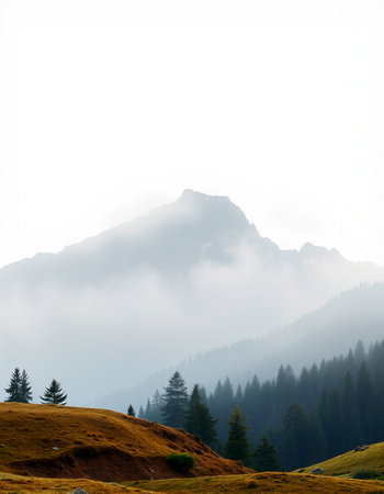 Mountain landscape with coniferous forest and fog in the morning