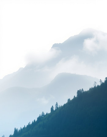 Mountain landscape with fog in the morning. Shallow depth of field.