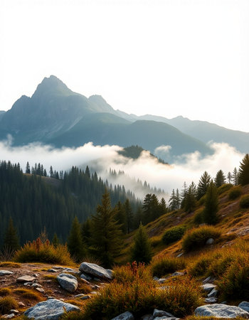 Mountain landscape with coniferous forest in the morning light.