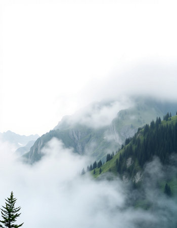 Mountain landscape with clouds and fog.