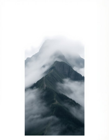Mountains in the fog on a white background with a place for text