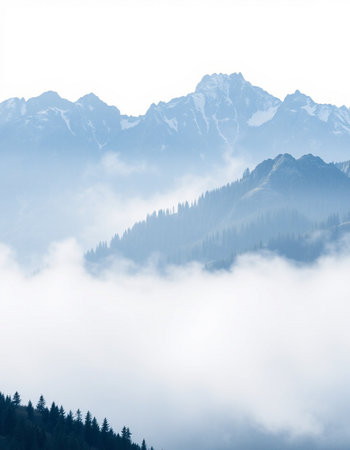 Foggy mountain landscape in the Dolomites, Italy.