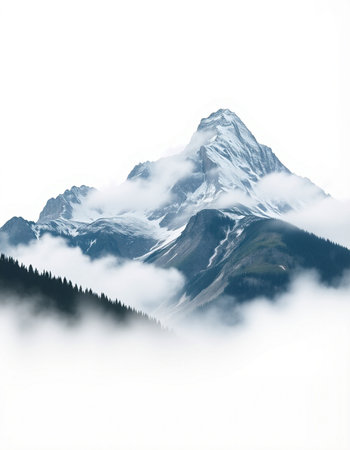 Mountain landscape with snow and fog.