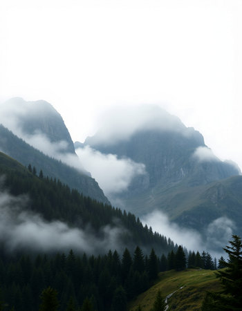 Mountain landscape with fog and clouds. Dolomites, Italy