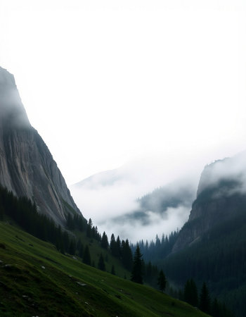 Mountain landscape with fog in the valley. Dolomites, Italy