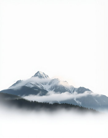 Snowy mountains in the fog on a white background with space for text