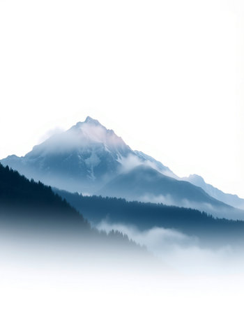 Mountain landscape in the mist. Mountain peaks in the fog.の写真素材