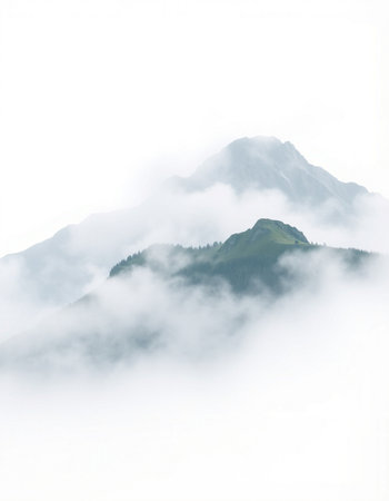 Mountain landscape with coniferous forest and fog in the morning