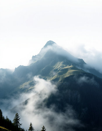 Mountain landscape with fog and clouds. Caucasus Mountains, Georgia.