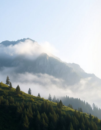 Mountain landscape with coniferous forest on a foggy morning