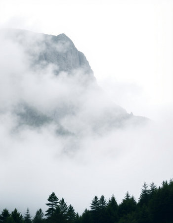 Foggy mountain landscape with coniferous trees in the foreground