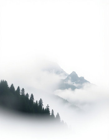 Foggy mountains and coniferous forest on a foggy dayの写真素材
