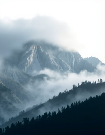Foggy mountain landscape in Dolomites mountains, Italy.