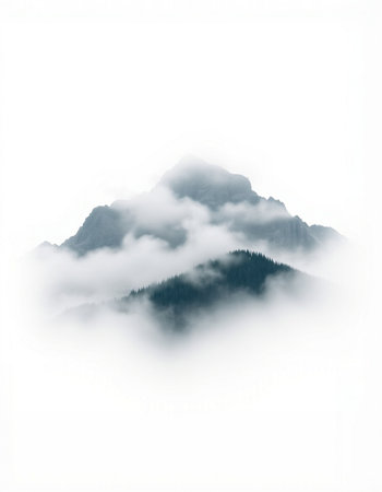 Mountains in the fog on a white background. Landscape.