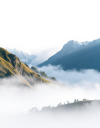 Mountain landscape with fog in the morning.