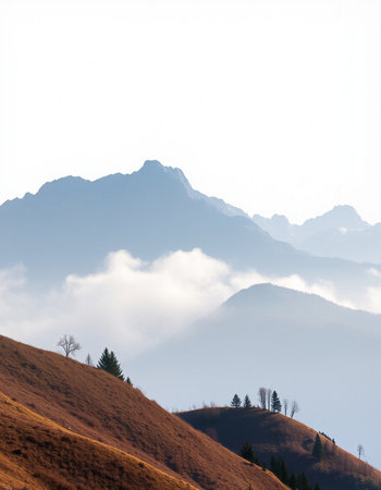 Mountain landscape with fog in the morning. Caucasus Mountains, Georgia.