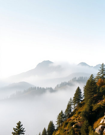 Beautiful landscape of foggy mountains with coniferous trees in the foreground