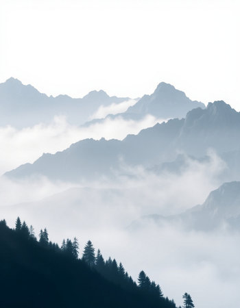 Foggy mountain landscape with coniferous forest in the foreground