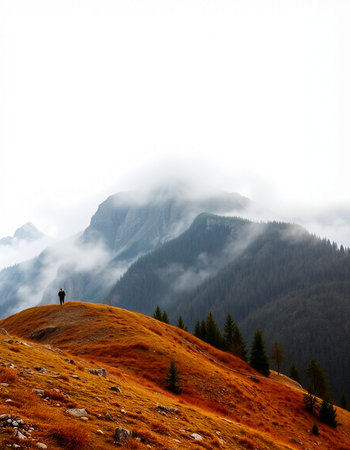 Hiker standing on top of a mountain with fog in the backgroundの写真素材