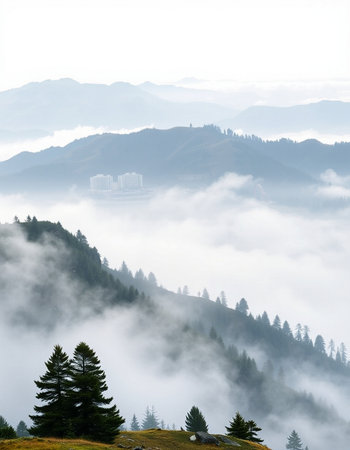 Foggy mountain landscape with pine trees and high mountains in the background