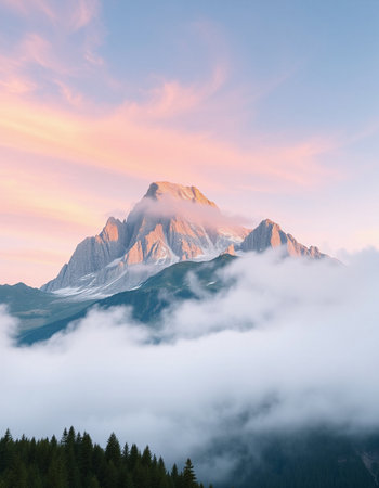 Mountain peak in the clouds at sunrise.の写真素材