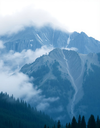 Mountains in clouds. Caucasus, Dombay, Russia.