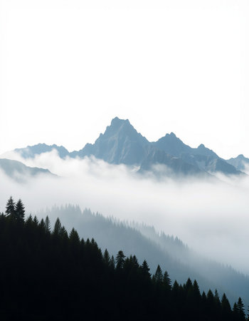 Mountain landscape with fog and clouds. Caucasus Mountains, Georgia.の写真素材