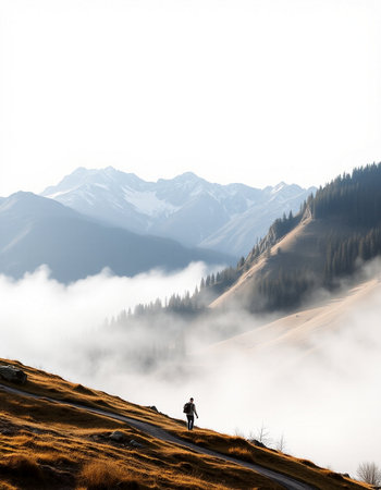Silhouette of a hiker on top of a mountain with fog in the backgroundの写真素材