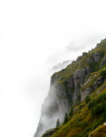 Foggy mountain landscape with rocks and trees on a misty day