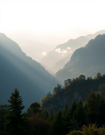 Mountain landscape with fog and sunbeams in the morning.