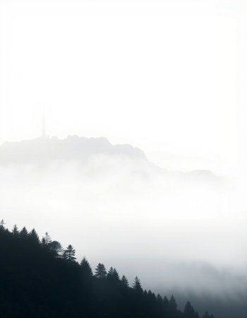 Foggy mountain landscape with coniferous forest in the foregroundの写真素材