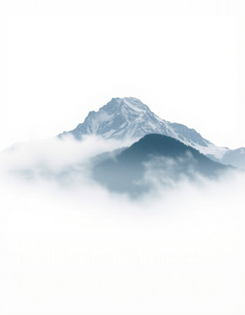 Mountain peak in the clouds isolated on a white background. Landscape.の写真素材