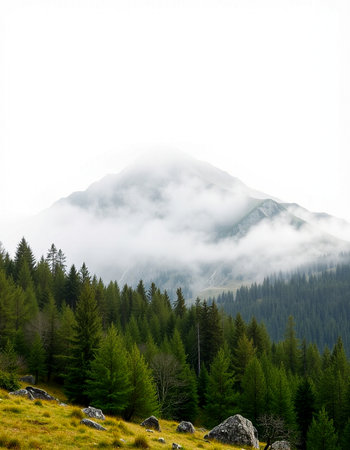 Mountain landscape with coniferous forest and fog in the morning