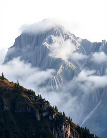 Mountain landscape with clouds and fog.の写真素材