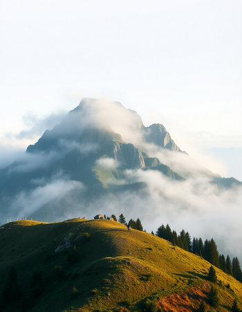 Foggy morning in the Dolomites. Italy, Europeの写真素材