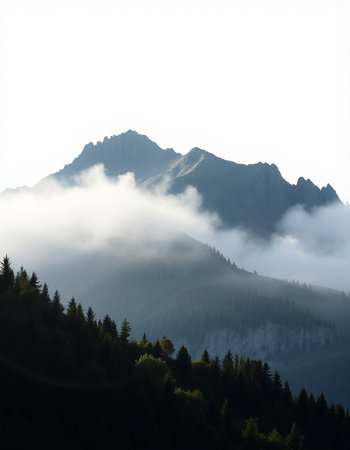 Mountain landscape with coniferous forest on a foggy day